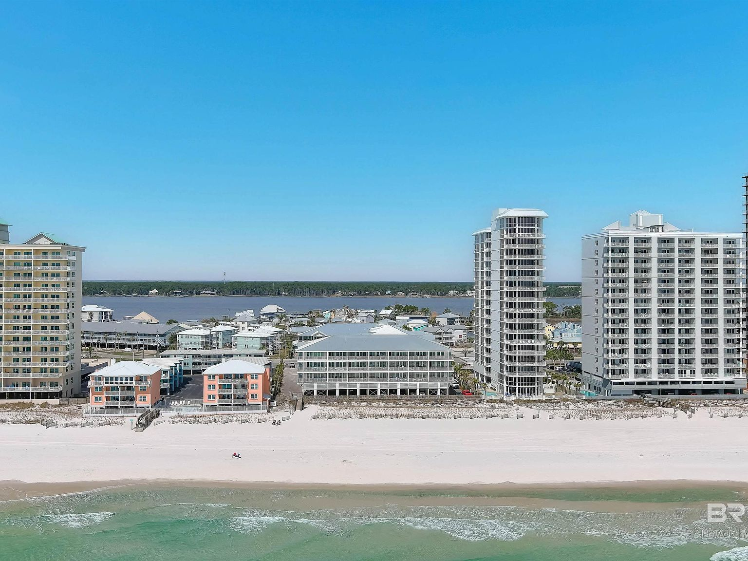 Aerial view of the Gulf Shores beach and coastal development