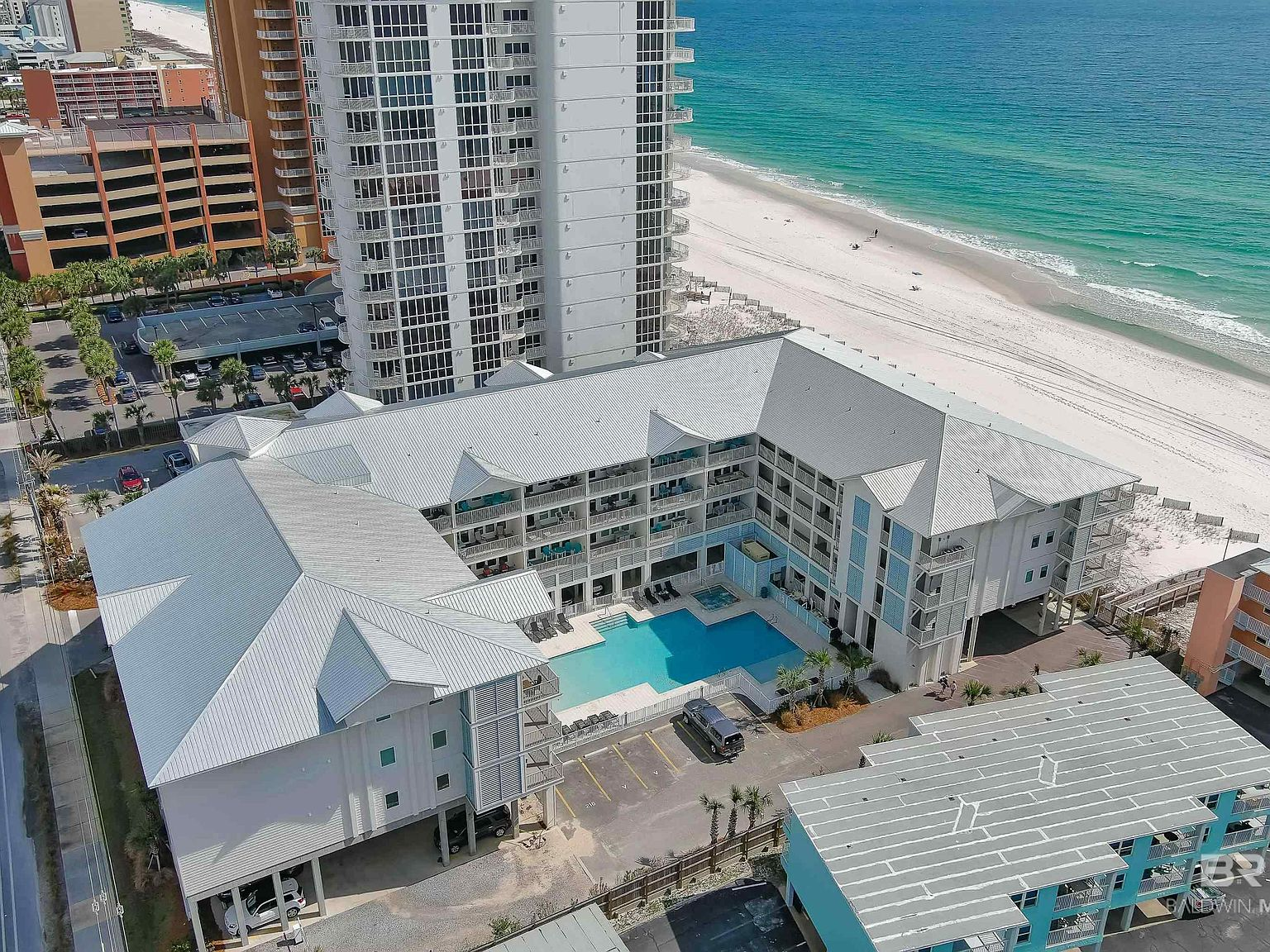 Aerial view of Sea Glass condo complex on the Gulf Shores beachfront
