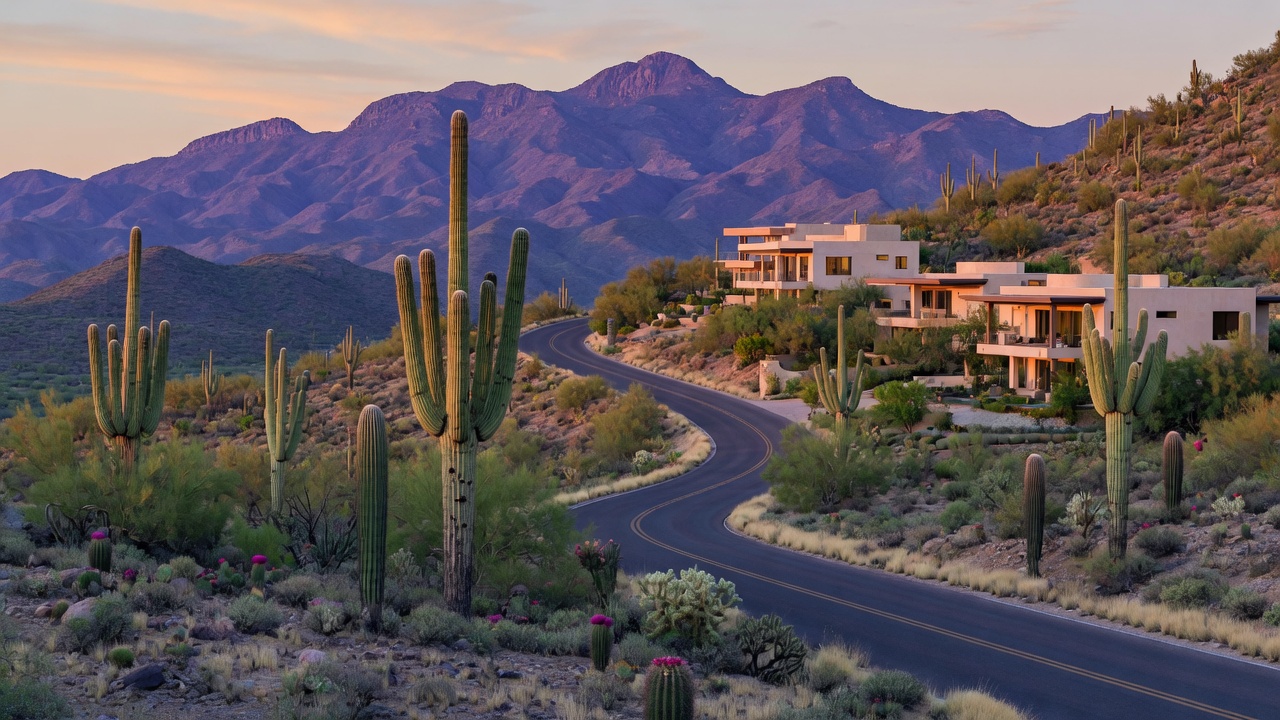 Sonoran desert landscape in Paradise Valley with saguaro cacti and mountains