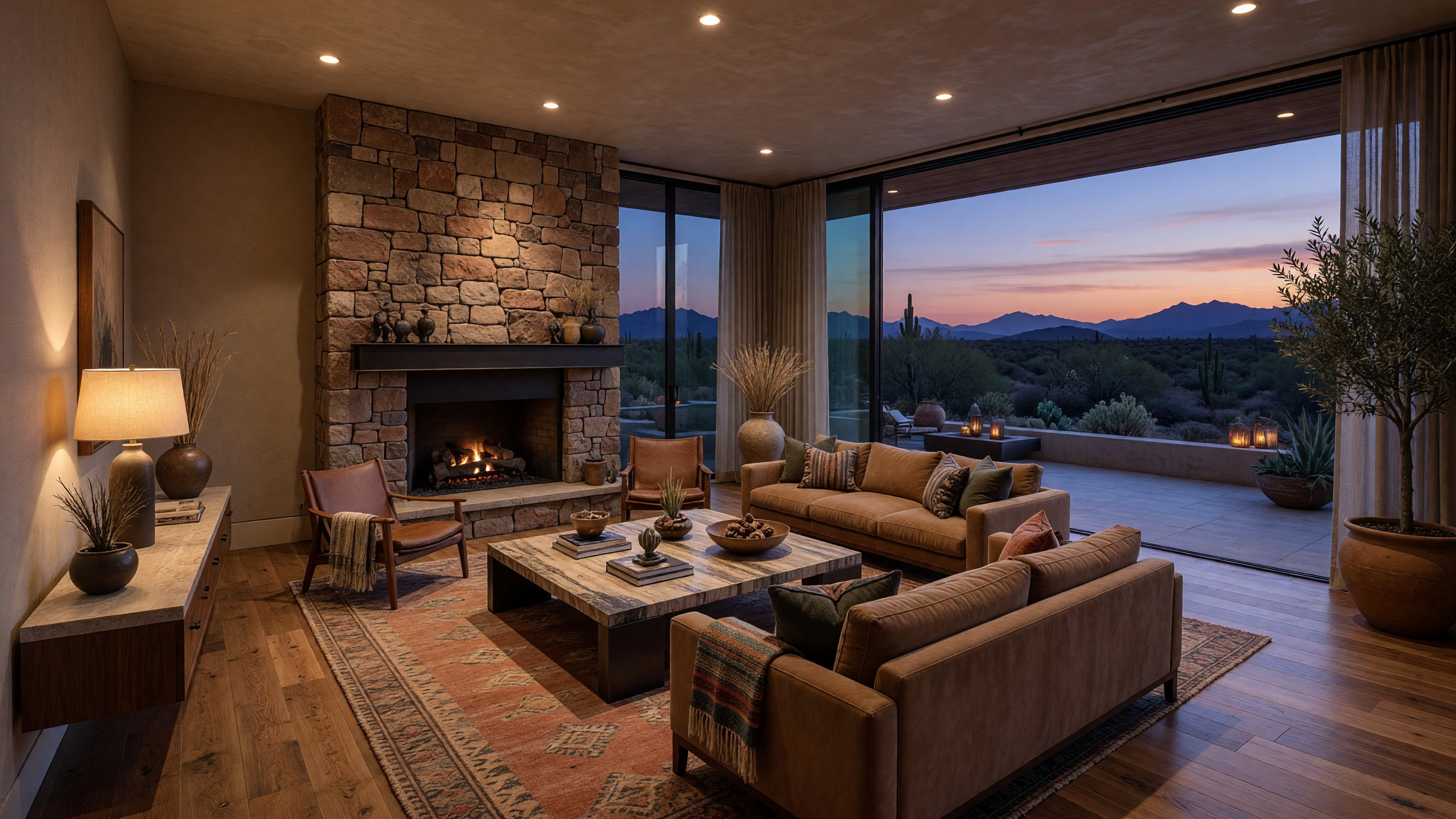 Infinity-edge pool at 8219 N Charles Drive overlooking the valley and Camelback Mountain at sunset