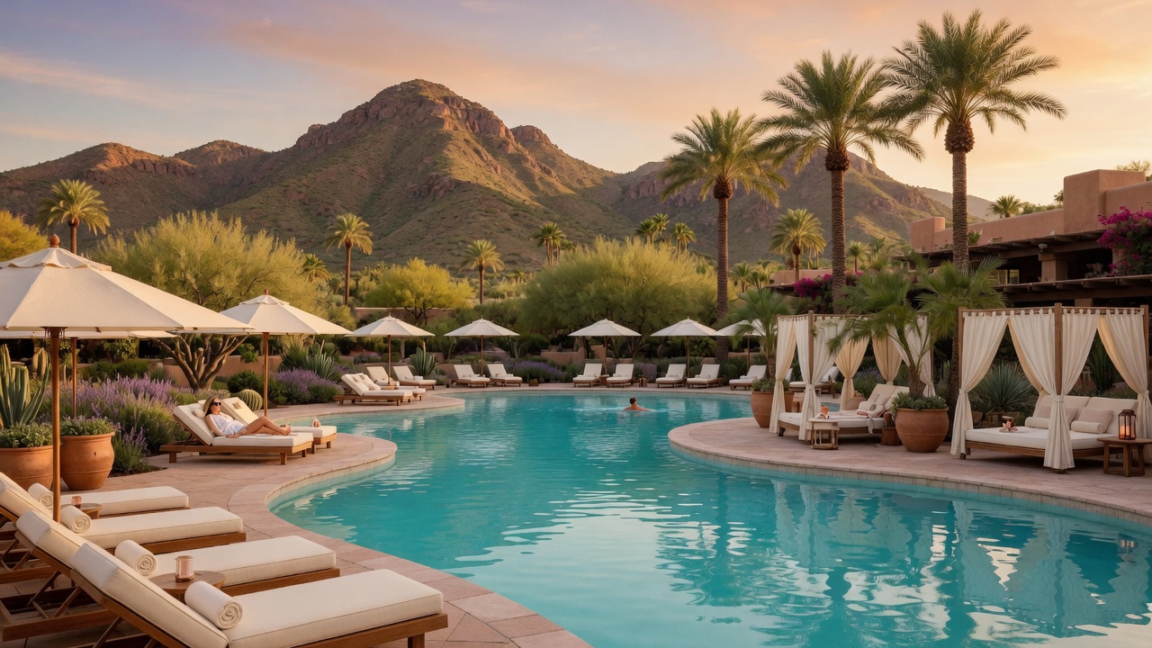 Luxury resort pool in Paradise Valley with mountain views