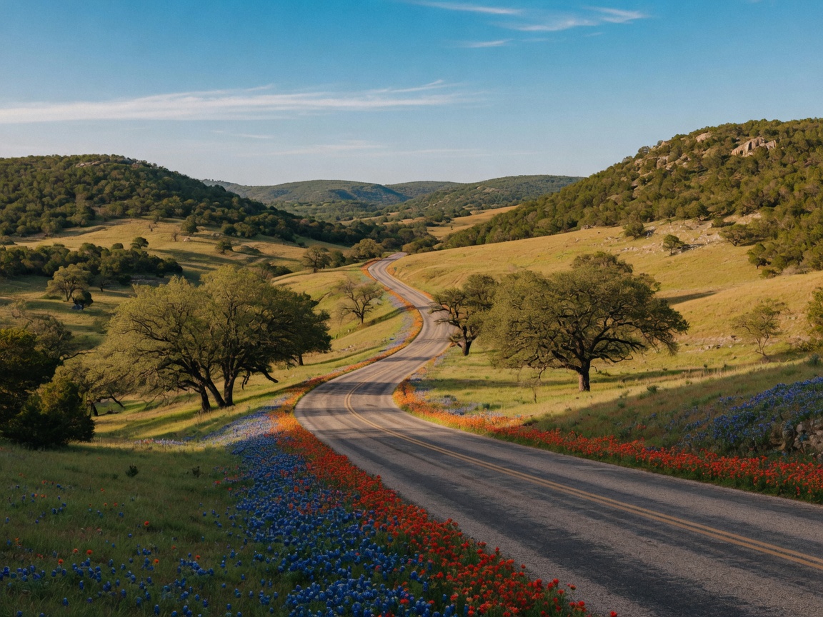 Welcome to Wimberley wooden town sign with a wagon wheel, set against rolling Hill Country hills