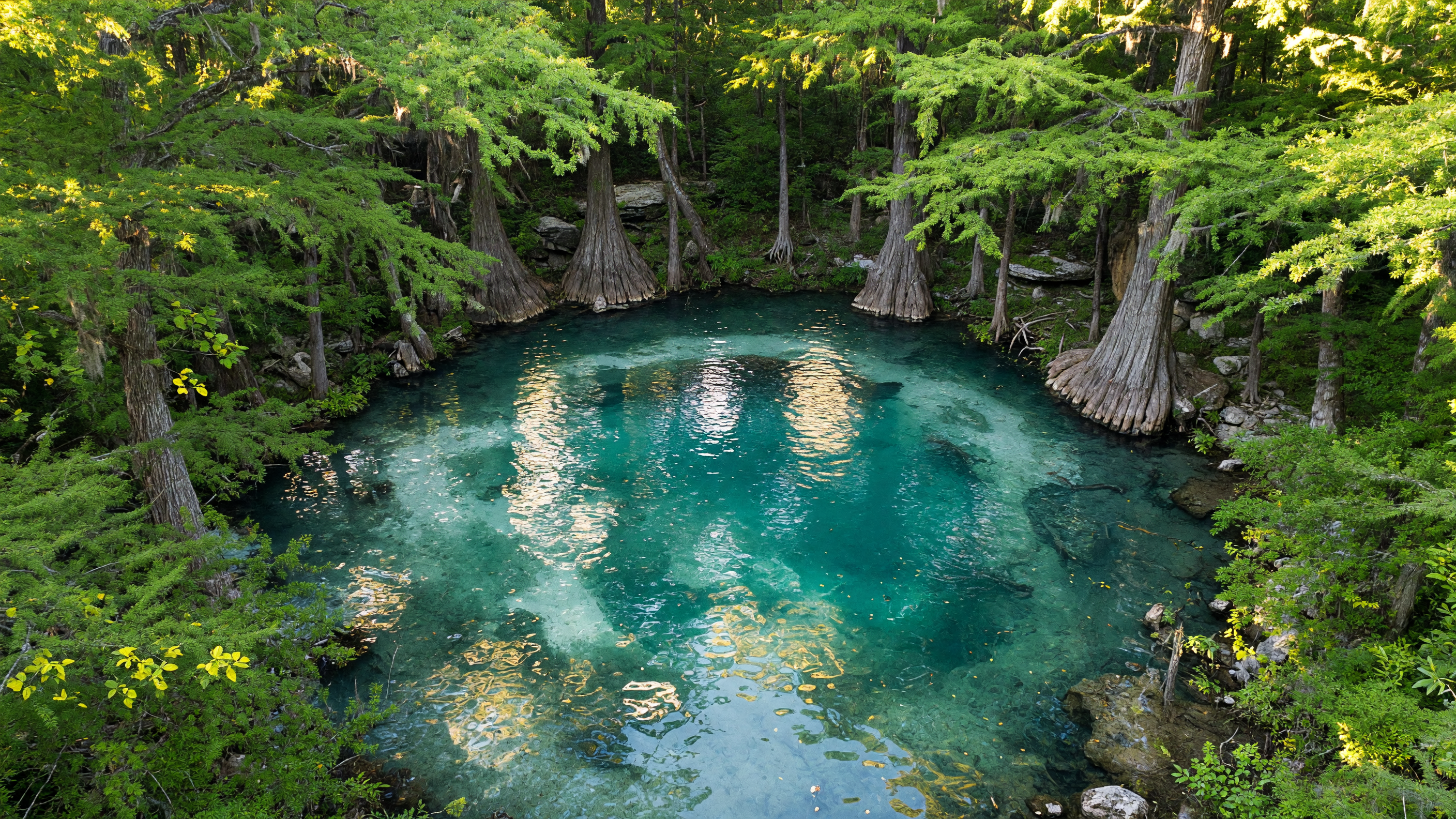 Blanco River flowing through the Texas Hill Country near Wimberley with cypress trees and clear water
