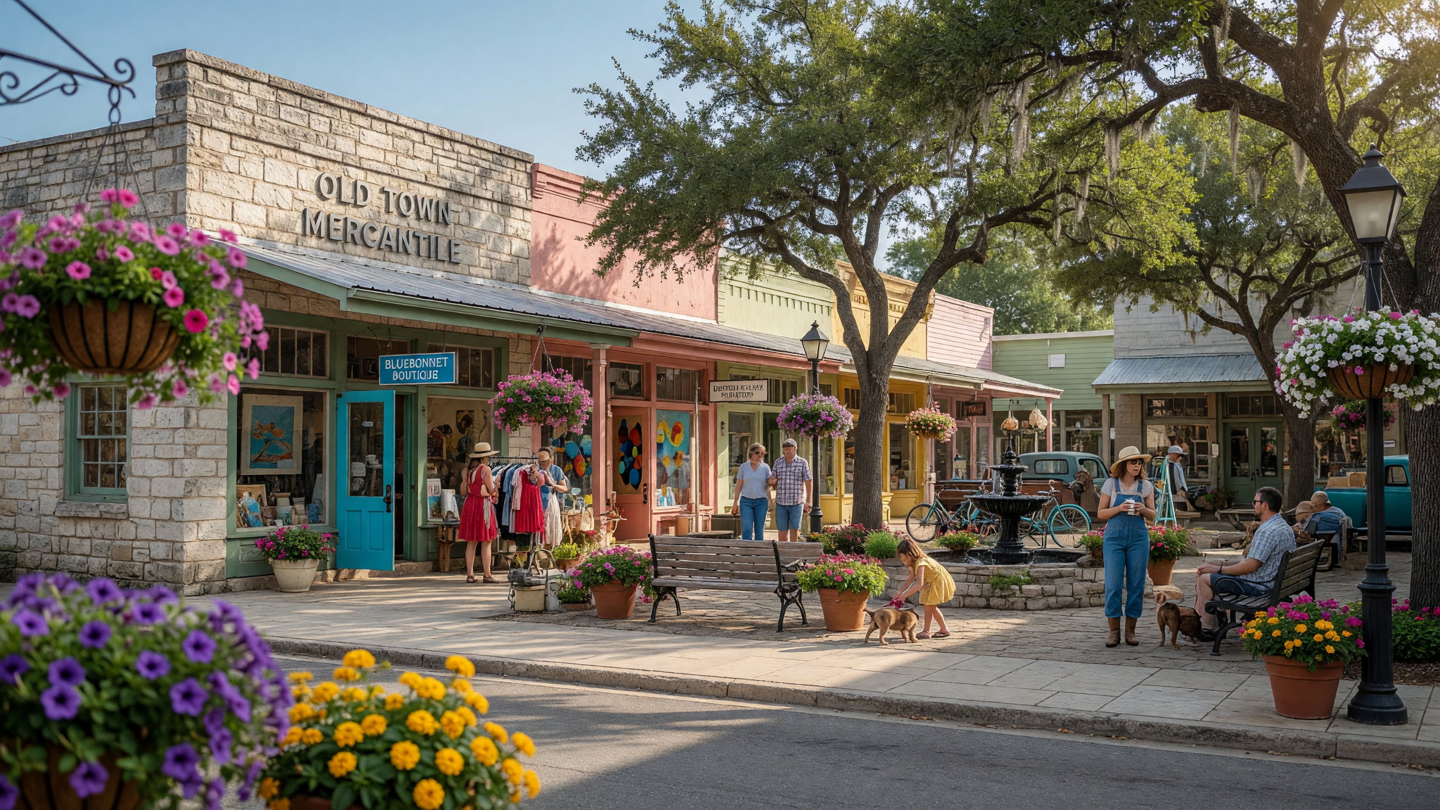 Cozy café interior with local art on the walls near the Wimberley Square
