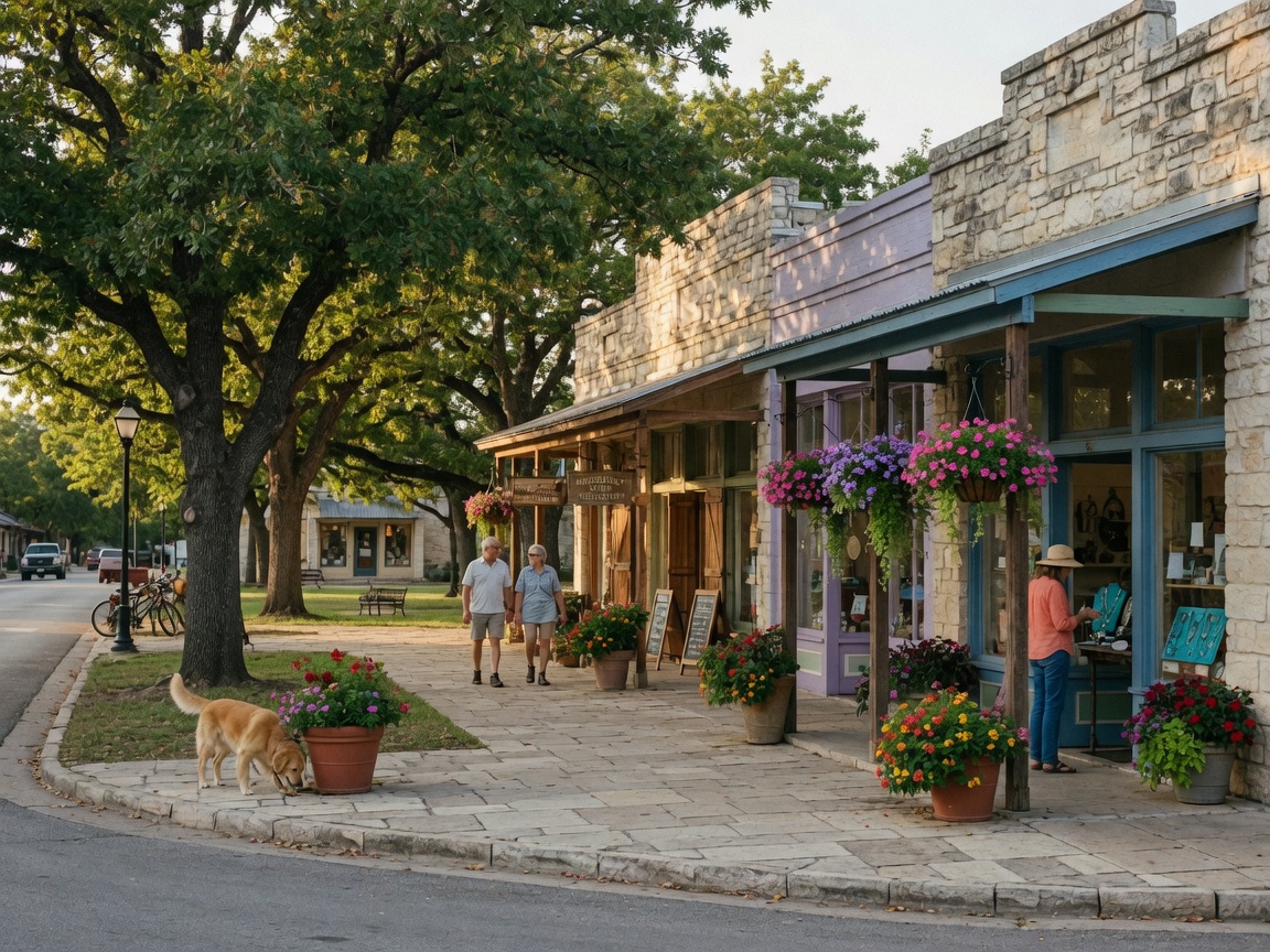 Charming storefronts and boutiques along the Wimberley town square, with hanging flower baskets and mature shade trees lining the street
