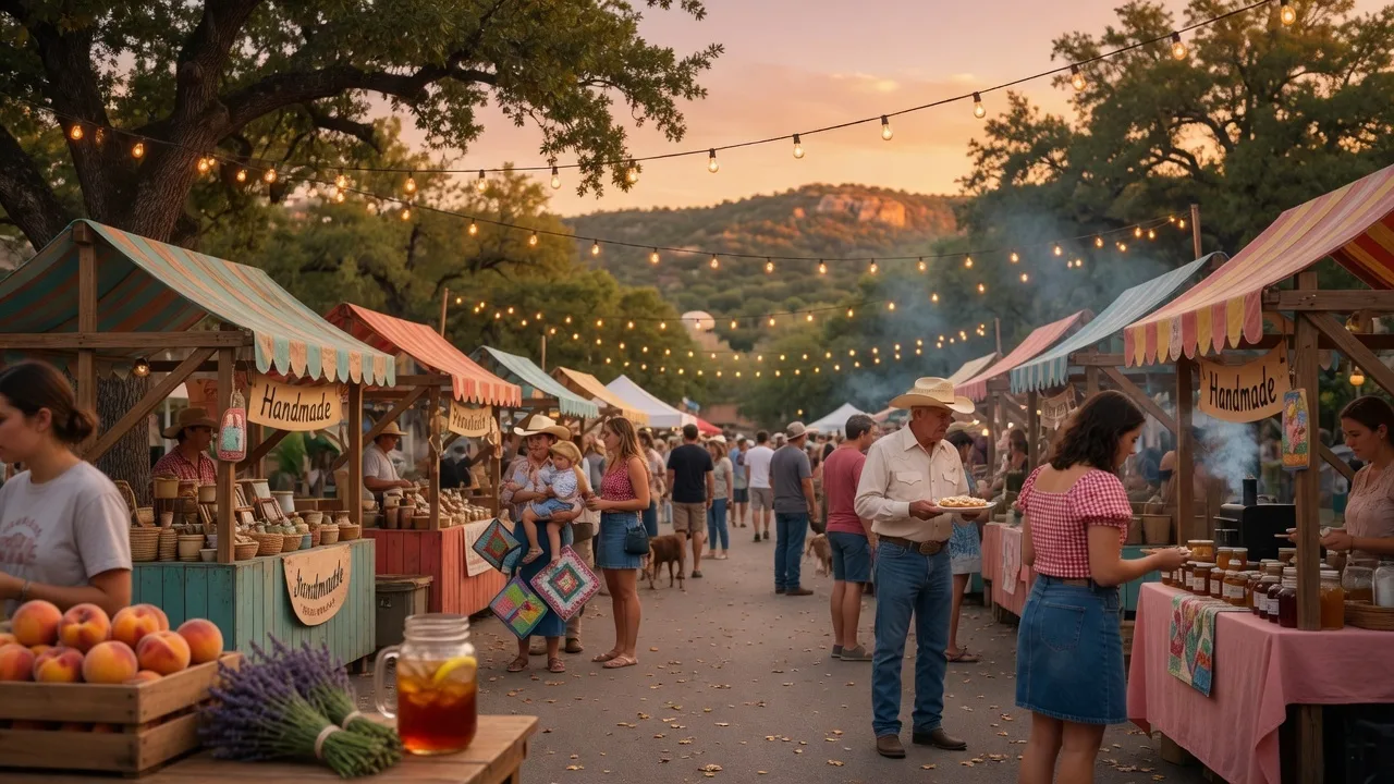 Outdoor community festival on the Wimberley Square with string lights and vendor booths