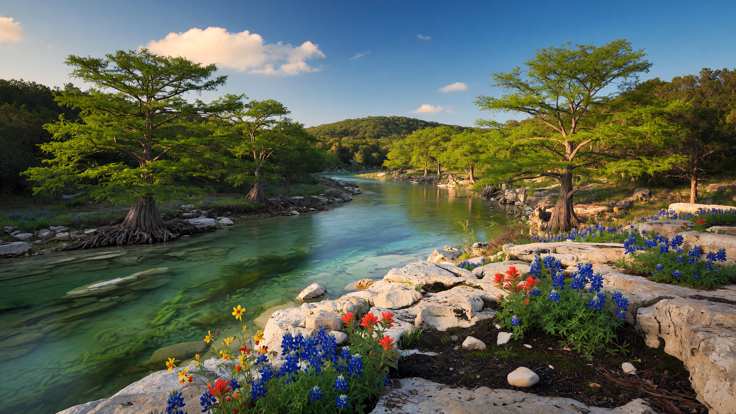 Clear Blanco River water flowing over limestone rocks near Wimberley Texas Hill Country