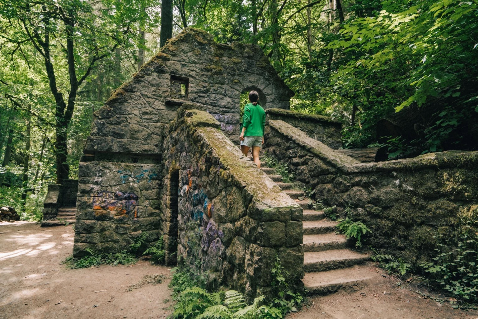 Historic moss-covered stone ruins nestled among towering trees and ferns deep within Forest Park