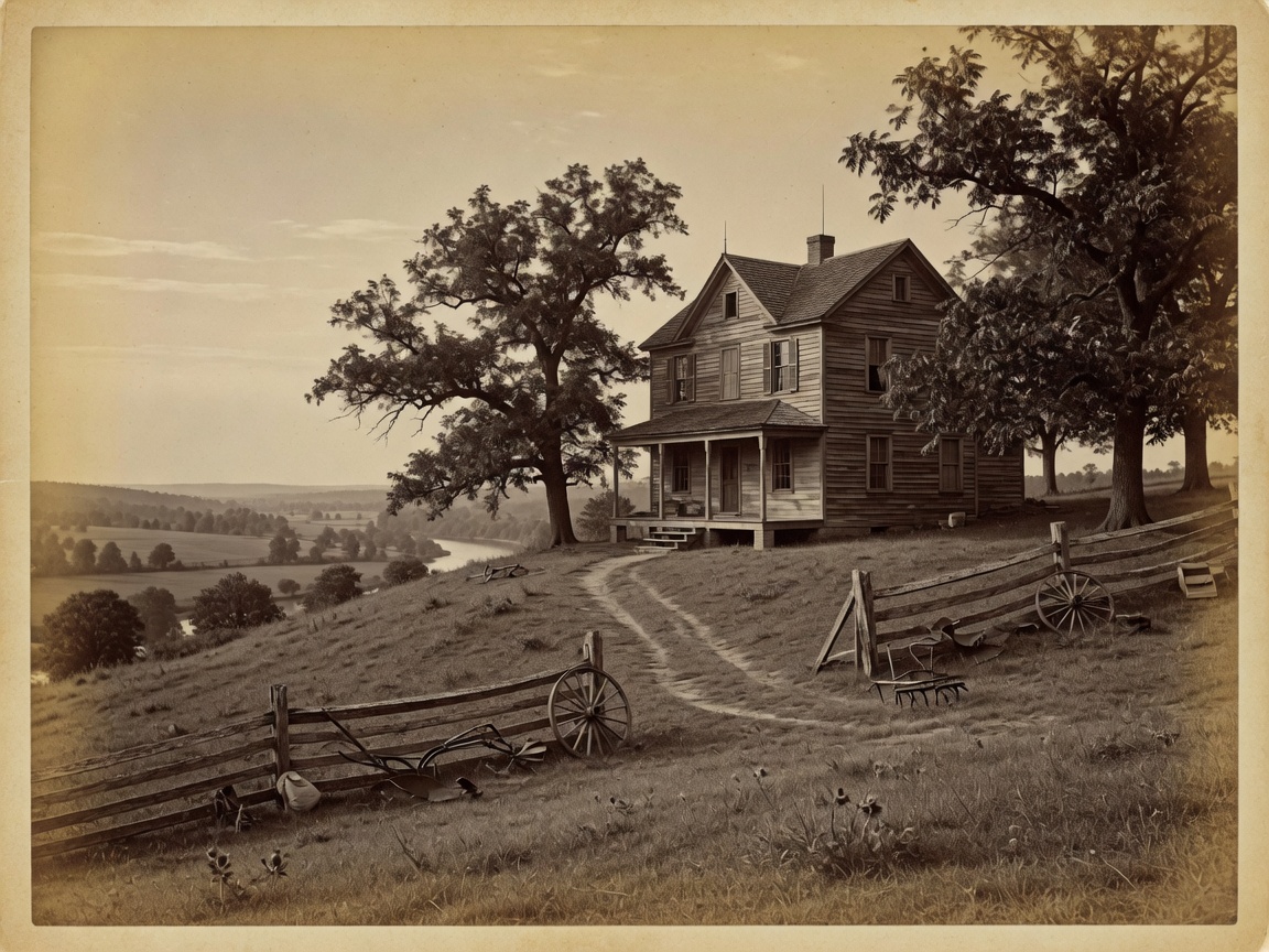 Historic photograph evoking an 1870s Georgia farmhouse on a hillside above a river valley, with mature pecan trees and farm buildings — the kind of homestead that existed before the lake
