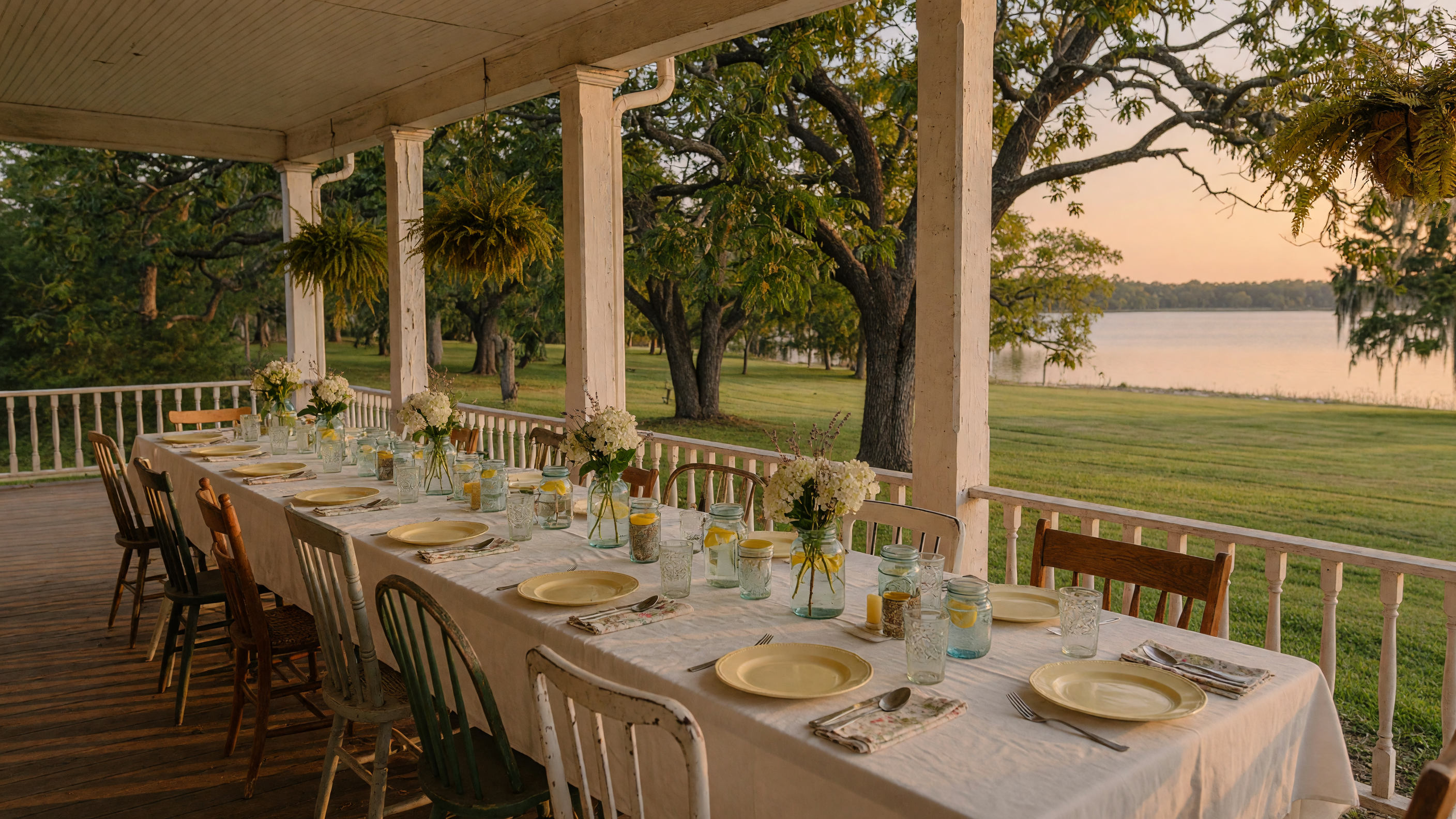 Warm golden-hour light on a covered porch table set for a multi-generational dinner with views of pecan trees and a lake in the distance