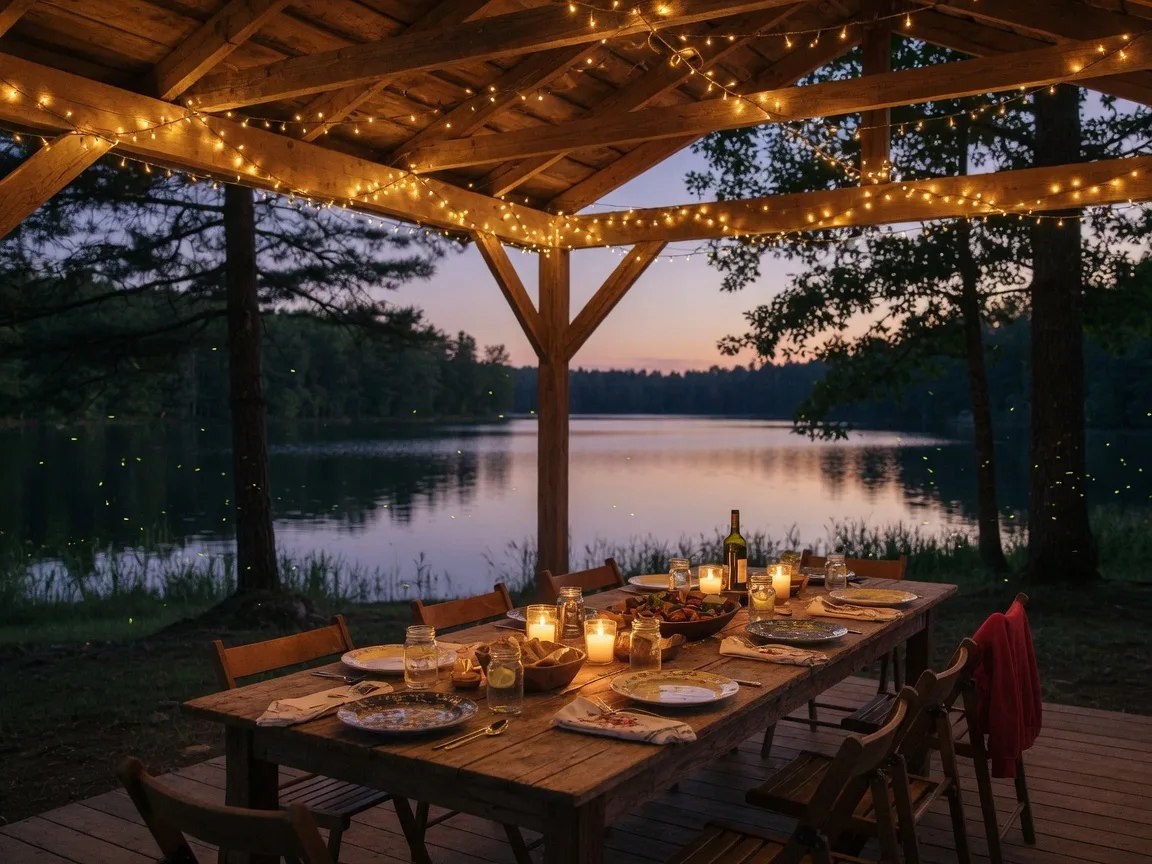 Rustic outdoor lakeside pavilion with string lights at twilight, wooden table set for a family dinner, calm lake beyond