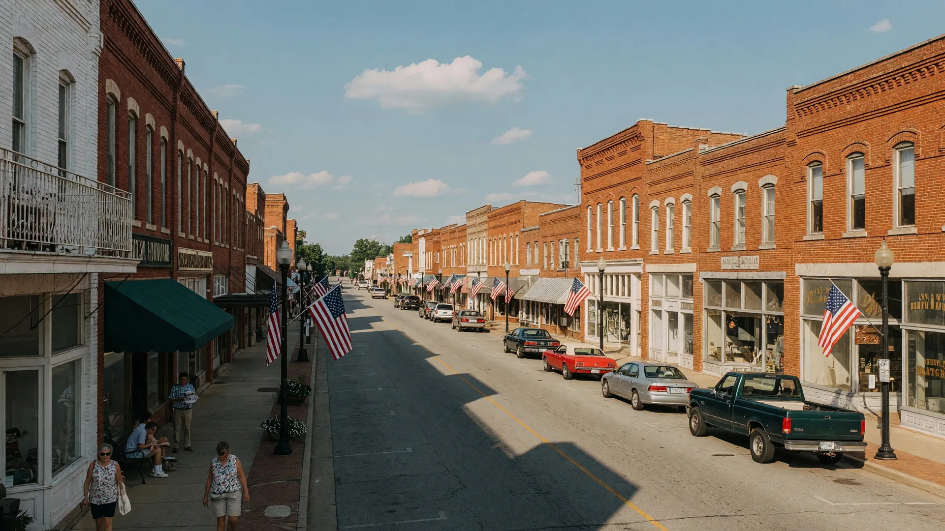 Downtown Hartwell, Georgia on a summer afternoon — brick storefronts, American flags, and a preserved Main Street that has refused to disappear