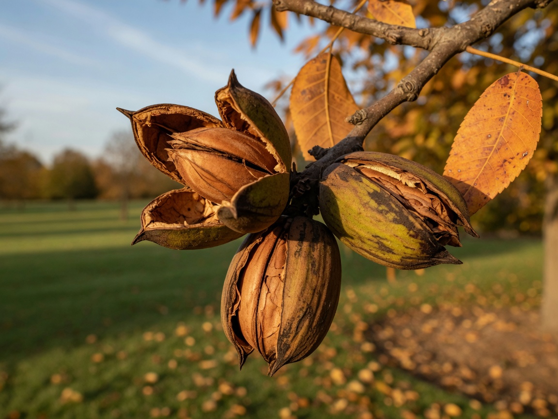 Close-up of ripe pecans hanging from a mature tree branch, husks splitting open in the golden autumn light