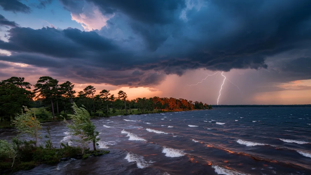 Dramatic summer thunderstorm rolling across a Georgia lake at dusk, dark clouds towering over the water with amber sunset light on the treeline