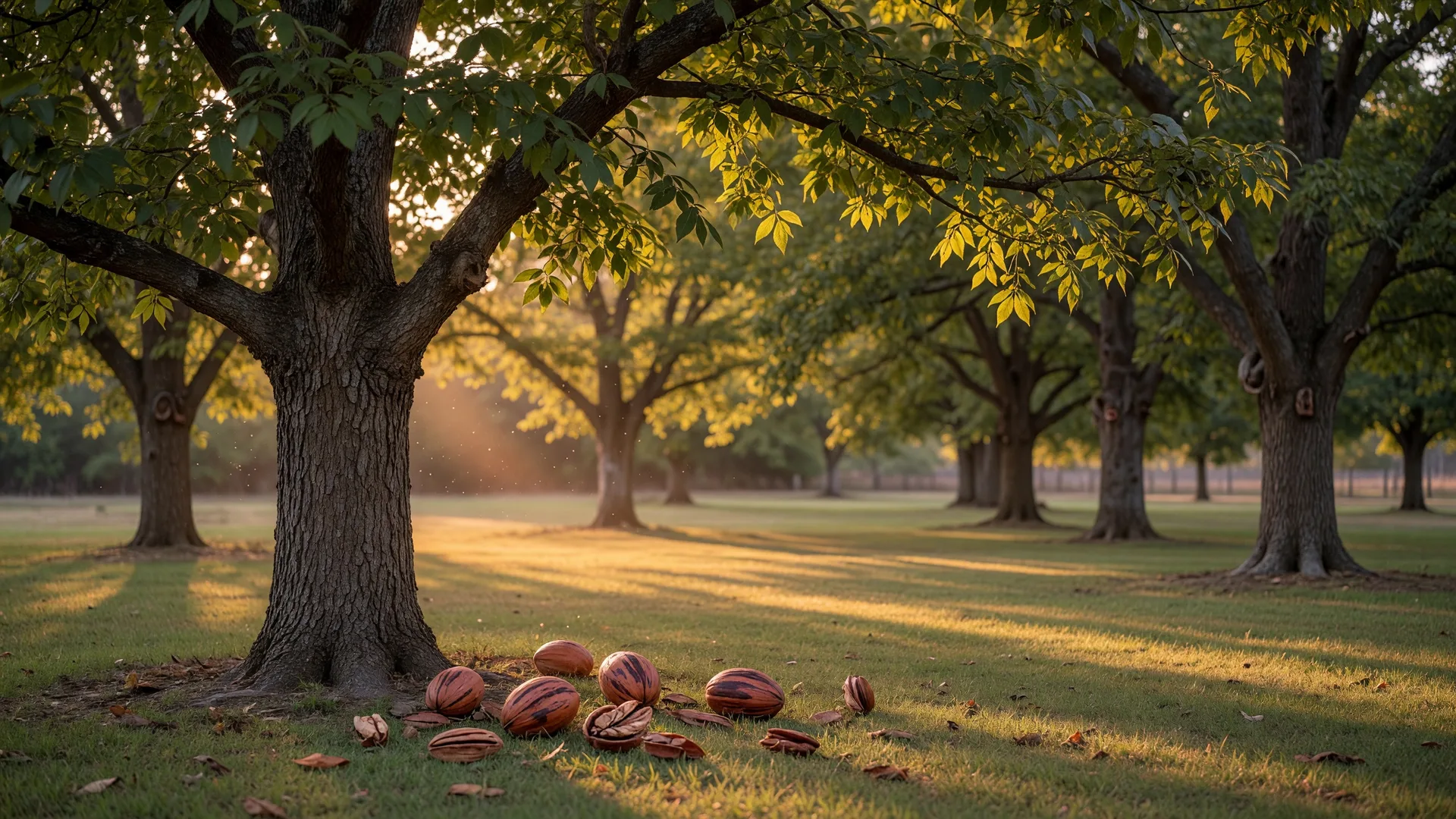 Mature pecan trees in a Georgia grove at golden hour, their wide canopies casting long shadows across a grassy lawn