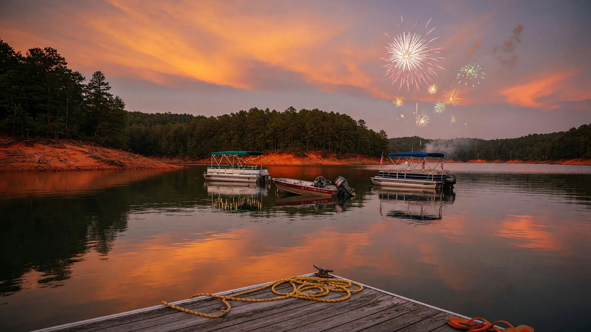 Summer evening on Lake Hartwell at golden hour with boats on calm water and fireworks beginning to sparkle in the twilight sky