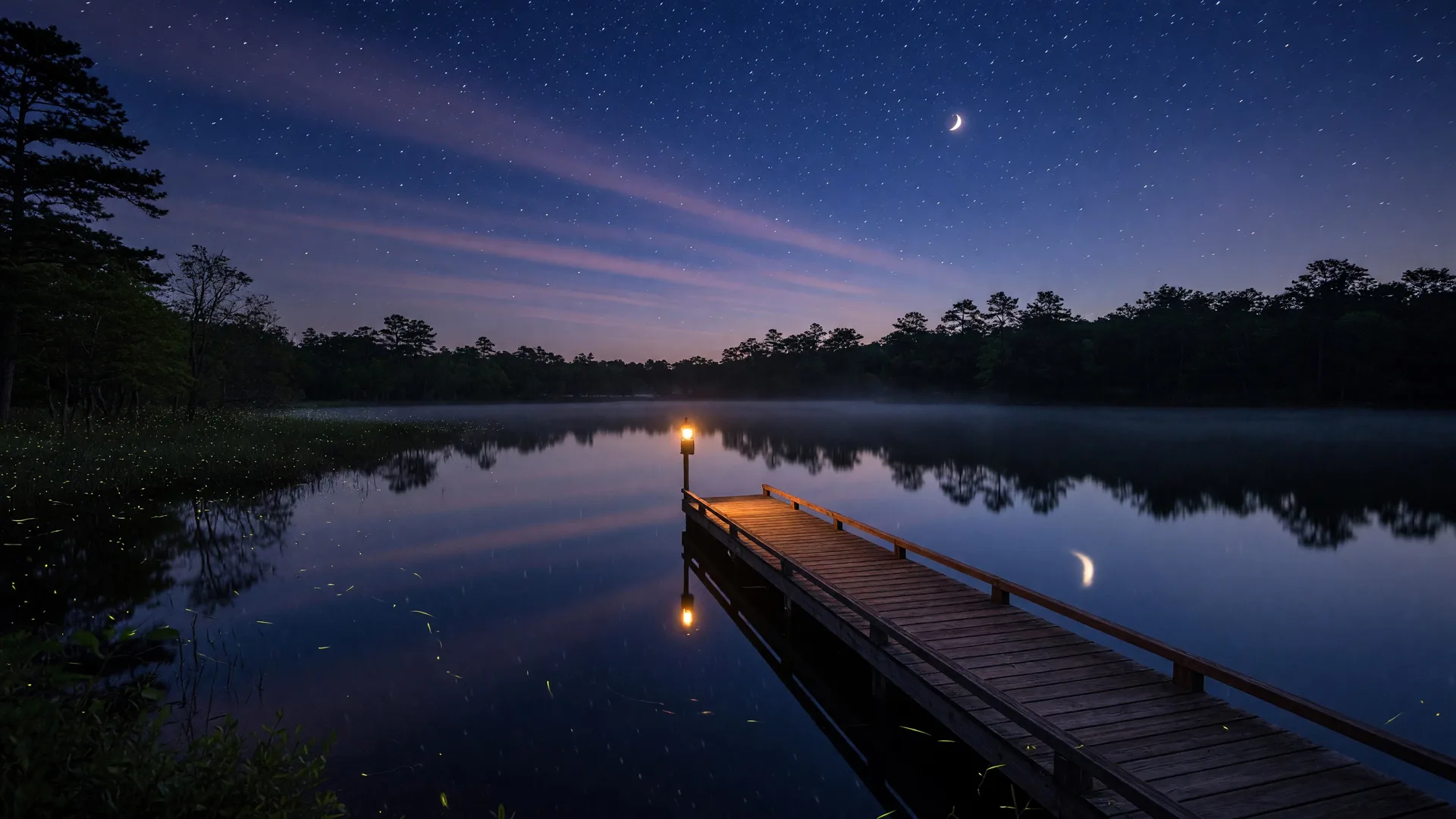 Nighttime view of a calm lake with a wooden dock extending into the water, stars reflected in the surface, and a crescent moon in the sky