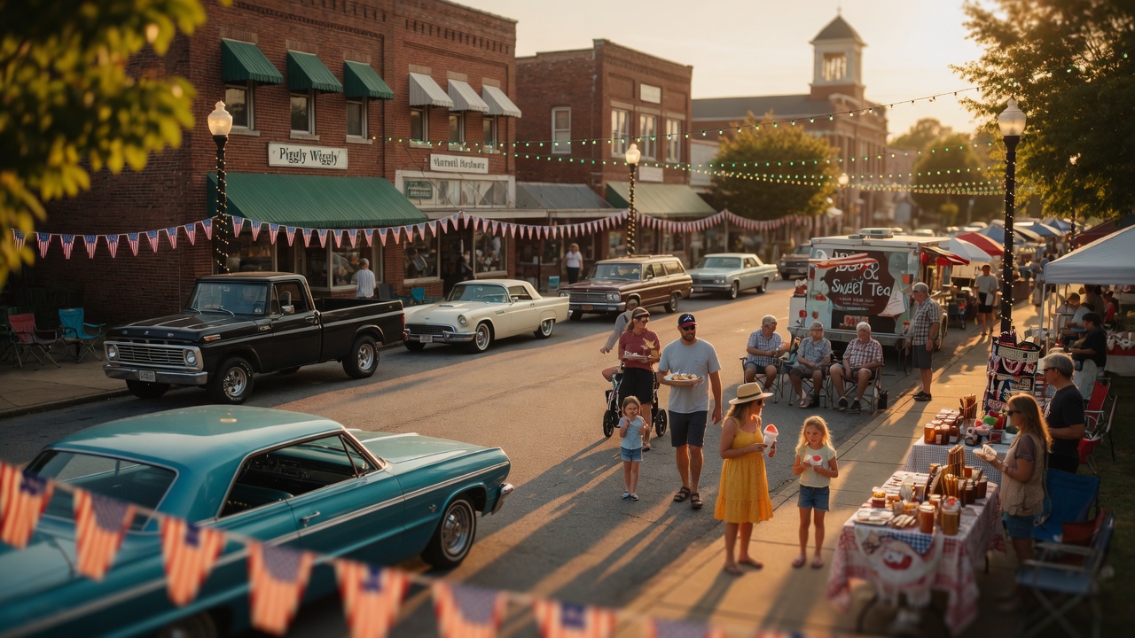 Small-town American main street decorated for a summer festival with warm late-afternoon lighting, evoking Hartwell's community celebrations