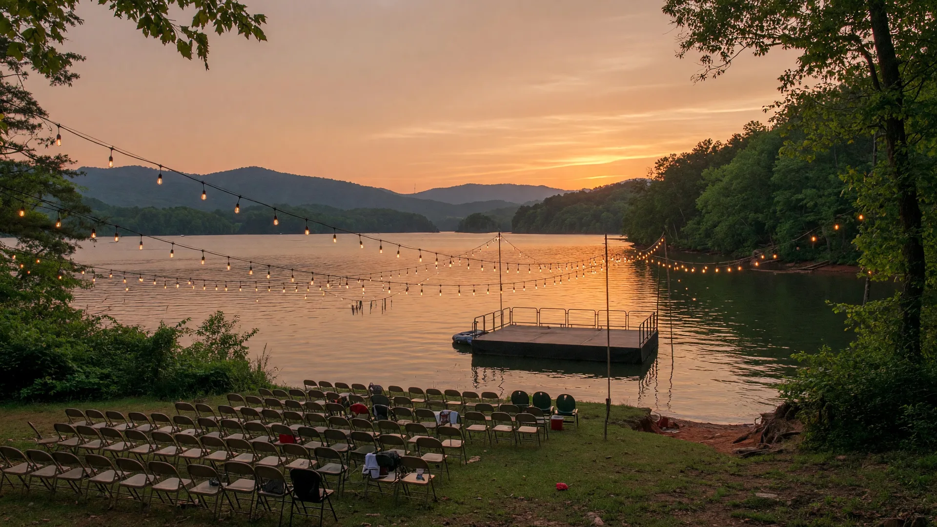Floating stage on Lake Hartwell at golden hour with string lights and chairs on the grassy shore