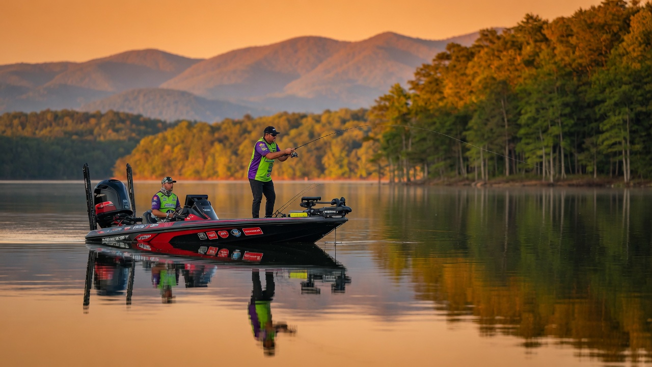 Competitive bass fishermen in a professional tournament boat casting lines on a calm southeastern reservoir at golden hour, with wooded shoreline and Appalachian foothills in the background