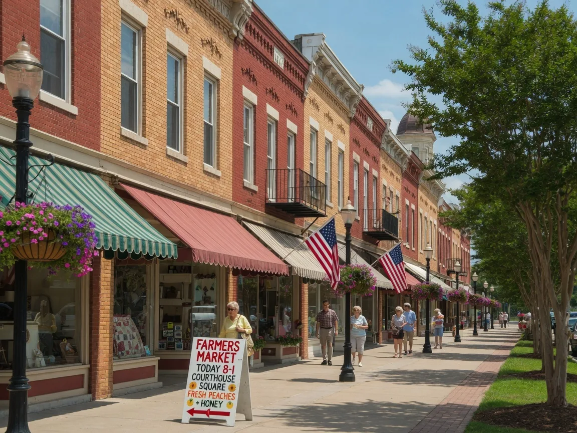 Charming small-town Southern downtown with historic brick storefronts, hanging flower baskets, and people walking along the sidewalk on a sunny day