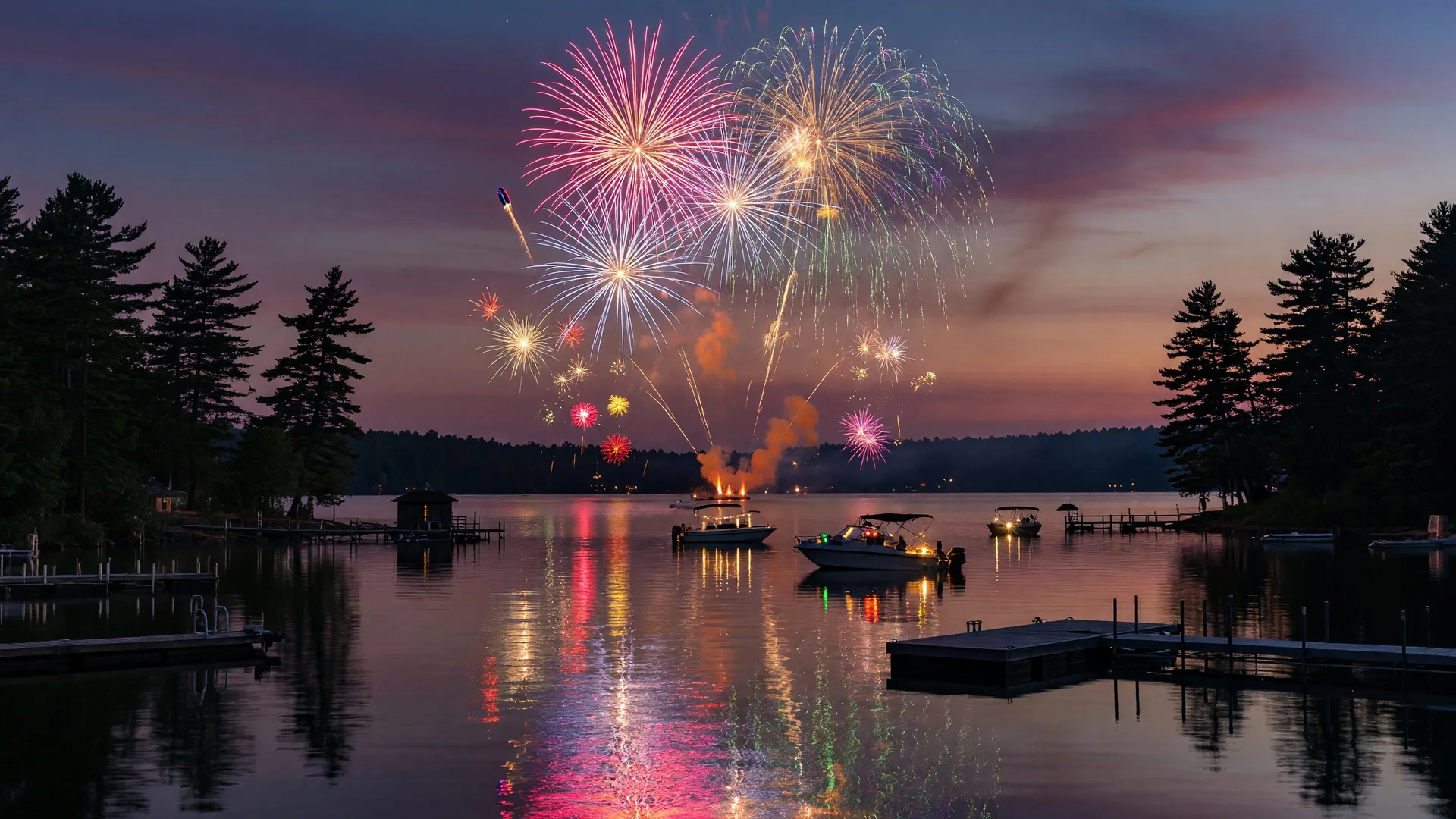 Fireworks display reflecting over Lake Hartwell at dusk with pine trees silhouetted along the shoreline