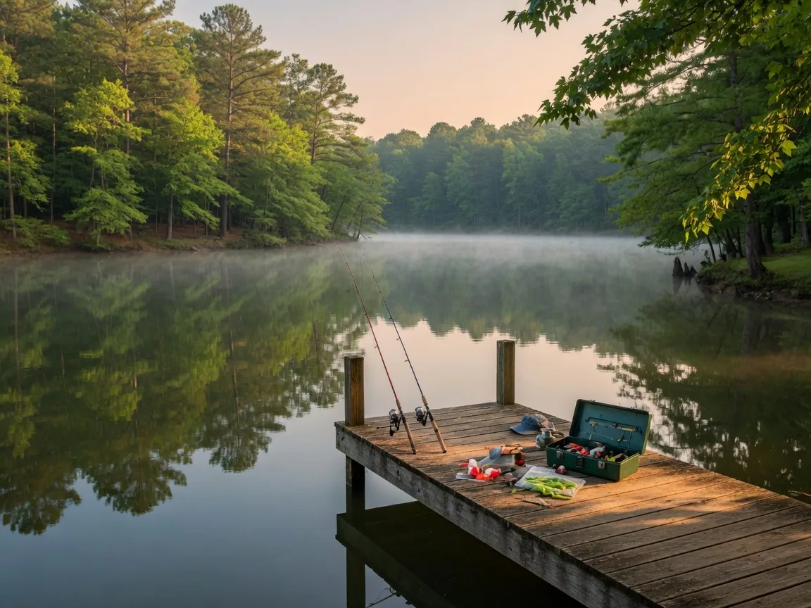 Small wooden dock on a calm Georgia lake cove at dawn, fishing rods propped up and morning mist rising off the water
