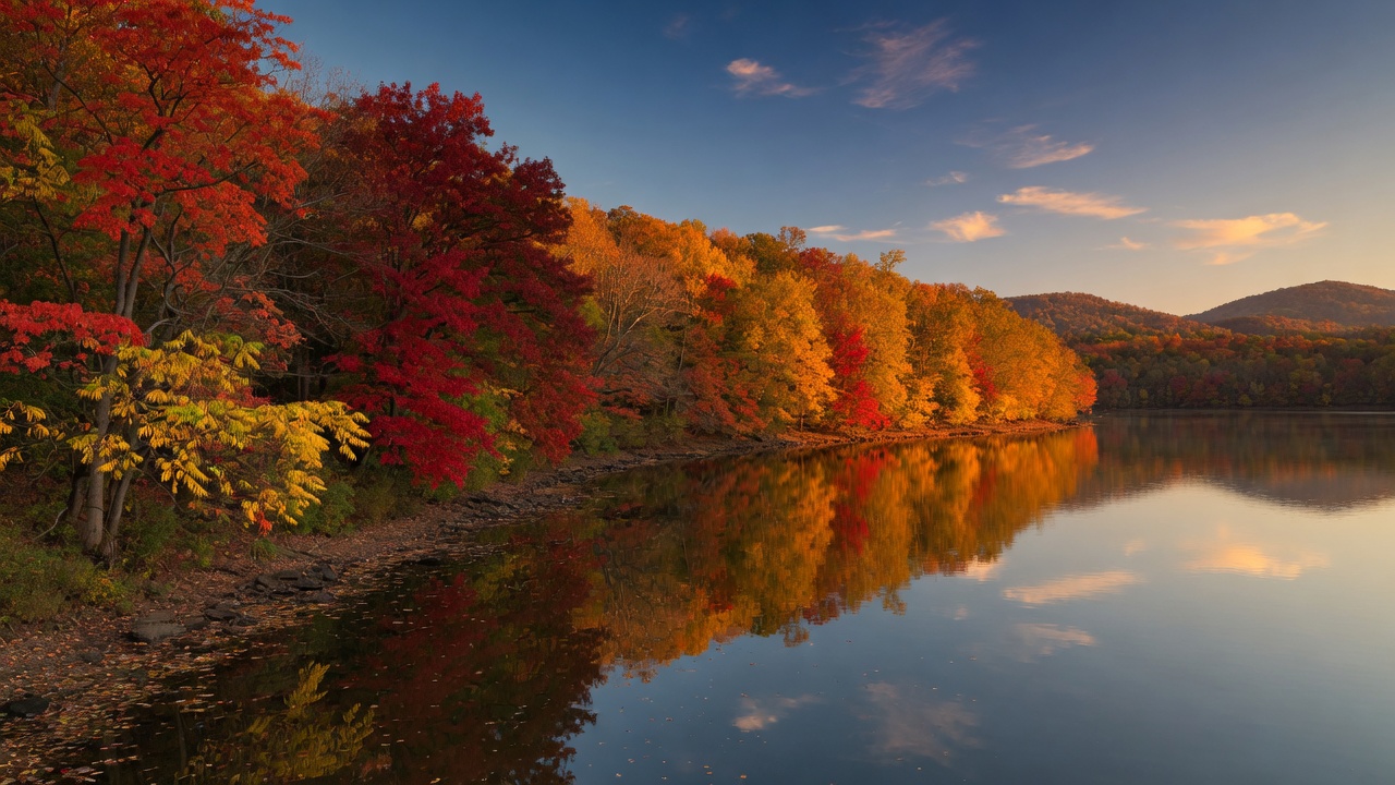 Peak autumn foliage along the Lake Hartwell shoreline — red, orange, and gold hardwood trees reflected perfectly in calm lake water at golden hour