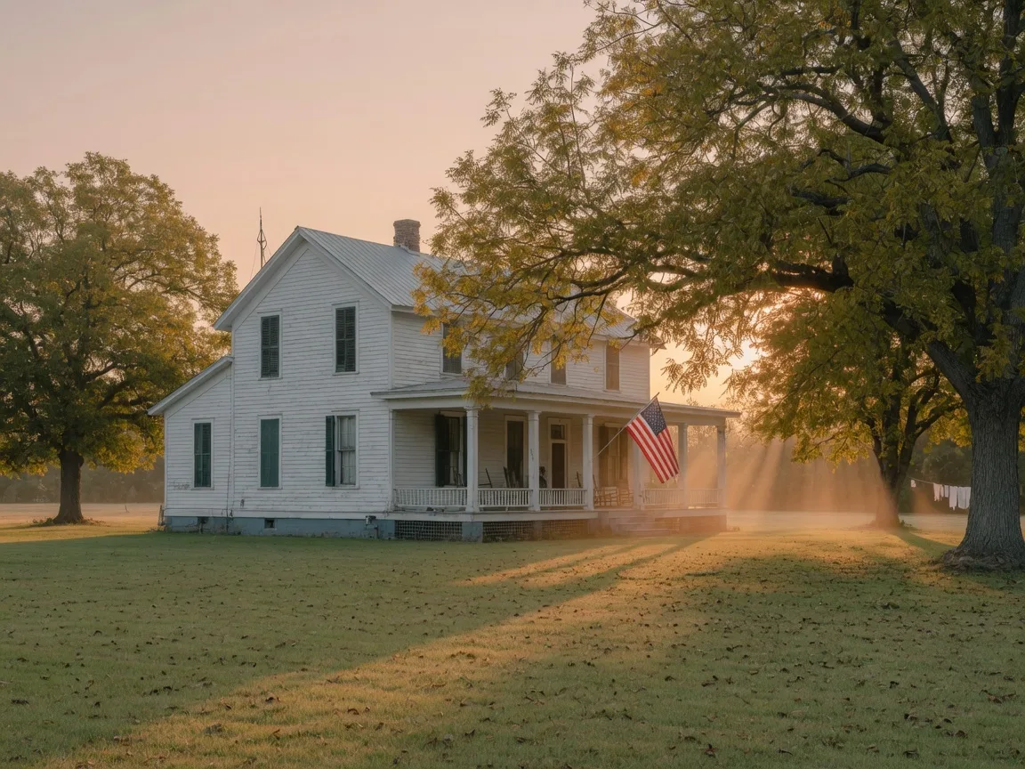 Historic farmhouse with white porch columns and mature pecan trees at golden hour