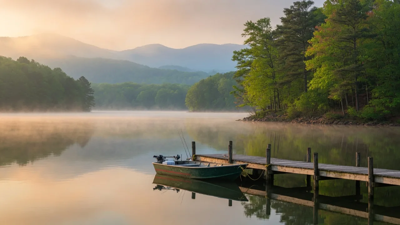 Calm morning mist rising from a quiet cove on Lake Hartwell with a wooden dock extending into the still water, wooded Corps of Engineers shoreline, and Appalachian foothills in the distance