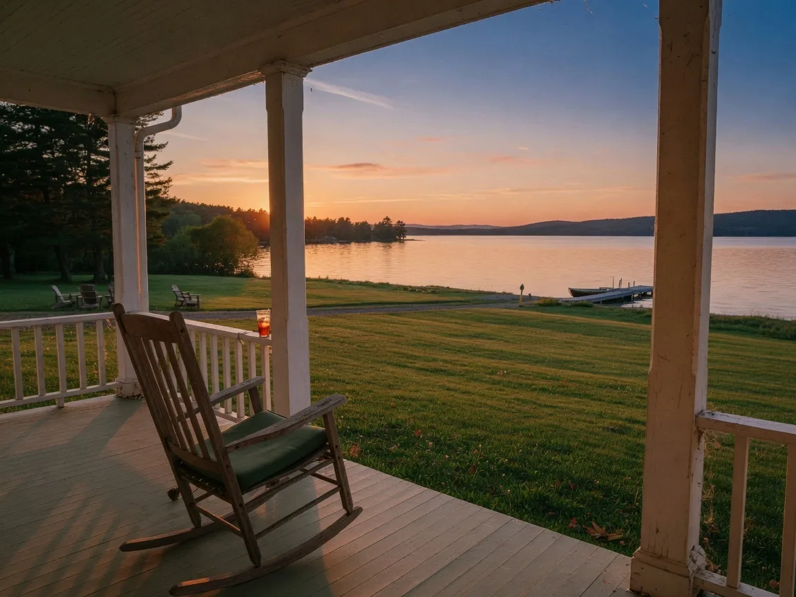 View from a historic farmhouse porch across a wide green lawn toward a lake at sunset with a rocking chair in the foreground