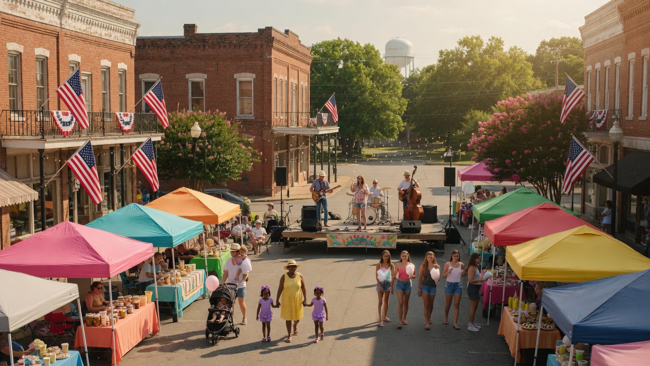 Vibrant small-town Southern summer festival on a sunny day with historic brick buildings, vendor tents, and families enjoying a community celebration