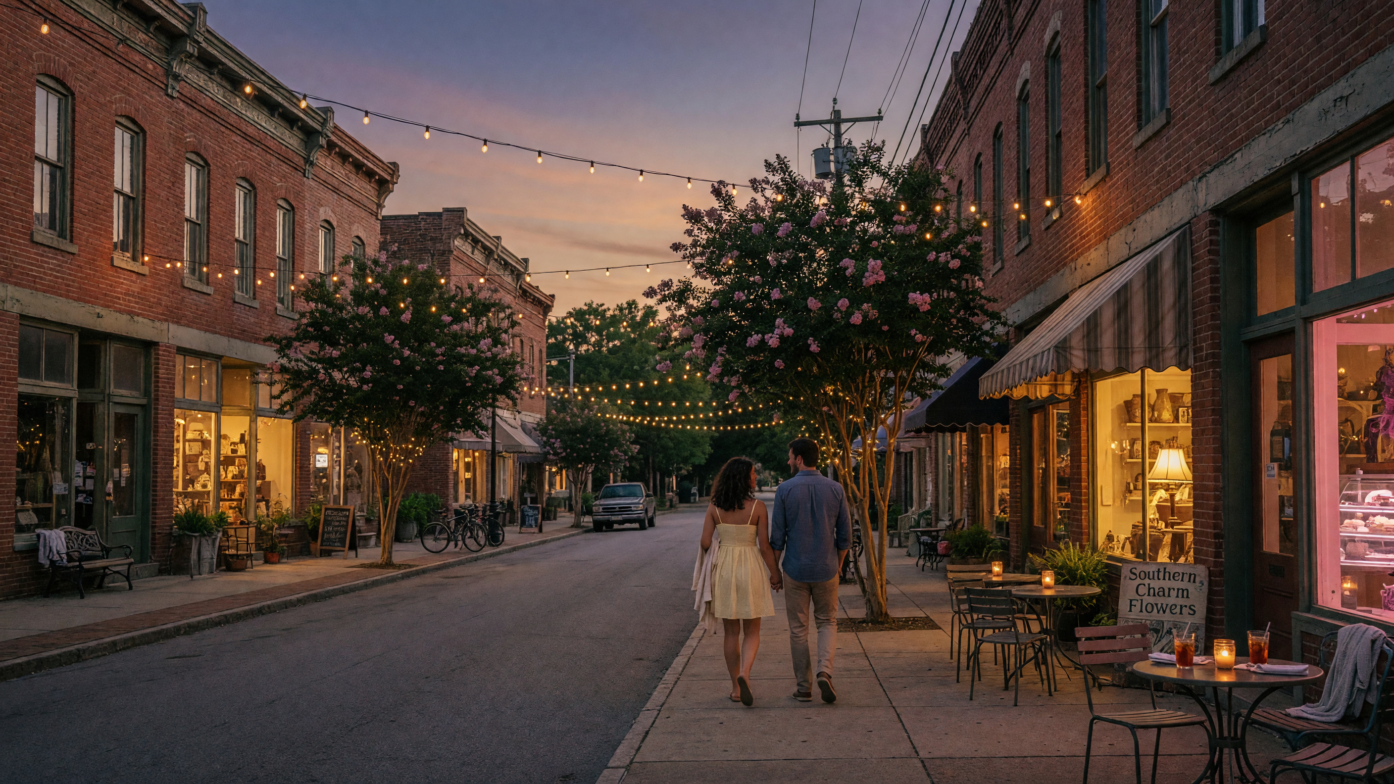 Hartwell's charming downtown with historic brick storefronts and warm evening light, the small-town center of a $57.4 million tourism economy
