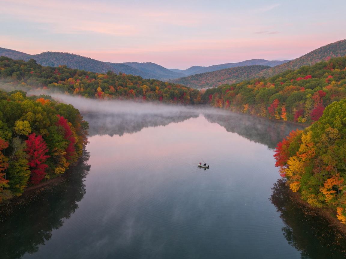 Dawn breaking over a southeastern lake with mist rising from calm water, surrounded by autumn-colored forests and rolling Appalachian foothills, a small fishing boat in the distance