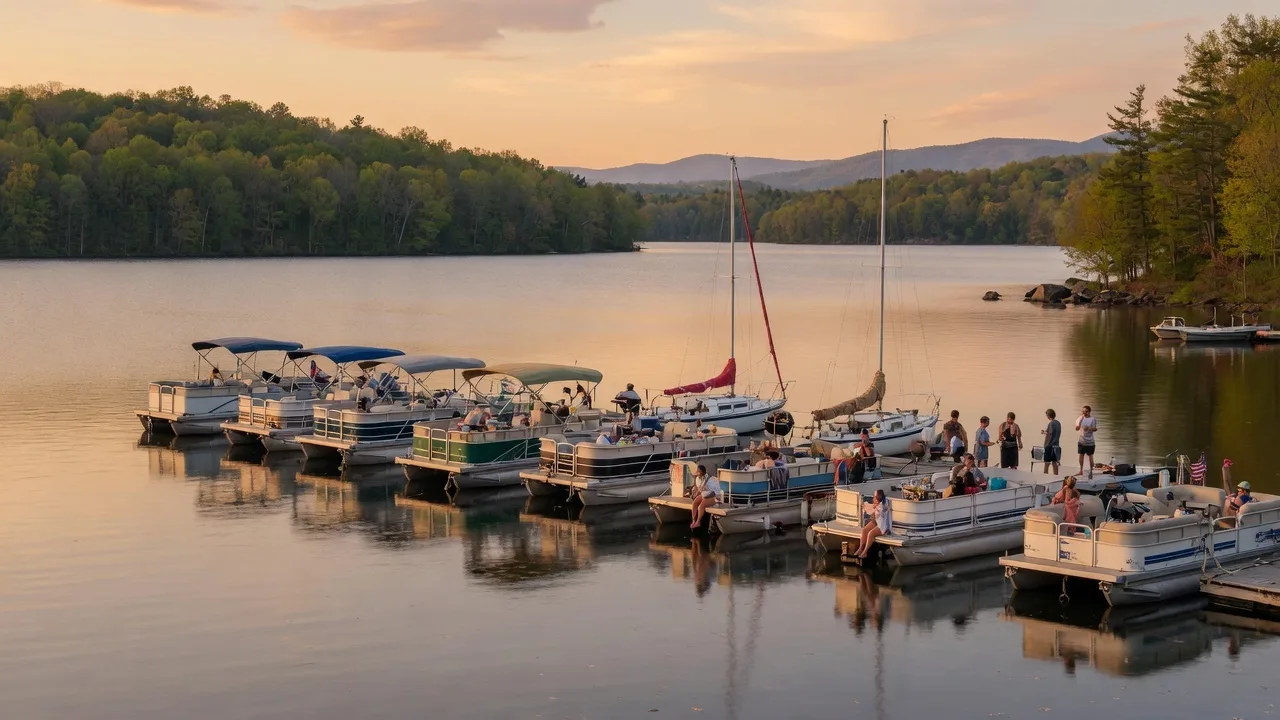 Pontoon boats and sailboats rafted together on calm water during golden hour, with wooded Appalachian foothill shoreline in the background