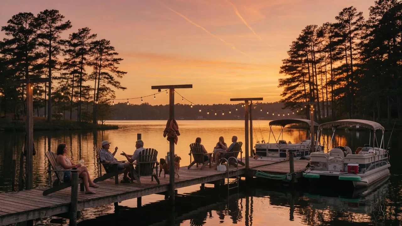 Small gathering of neighbors at a rustic lakeside dock at sunset, Adirondack chairs silhouetted against golden water, string lights overhead