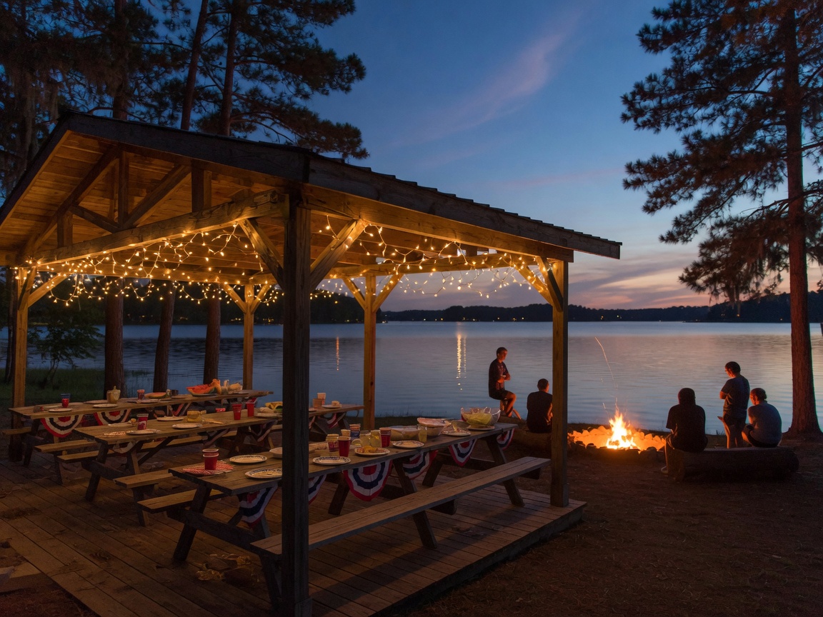 Covered lakeside pavilion at dusk with string lights glowing softly, picnic tables set for a summer evening gathering on the shore of Lake Hartwell