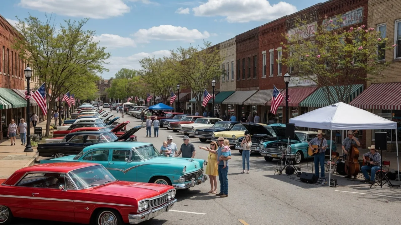 Classic car show on historic Main Street in Hartwell, Georgia with vintage automobiles lining a tree-lined avenue of brick storefronts and spectators on a sunny spring day