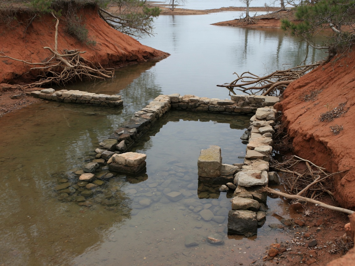 Old stone foundations of a pre-lake structure emerging from the shallow clear water of a receded Georgia lake shore