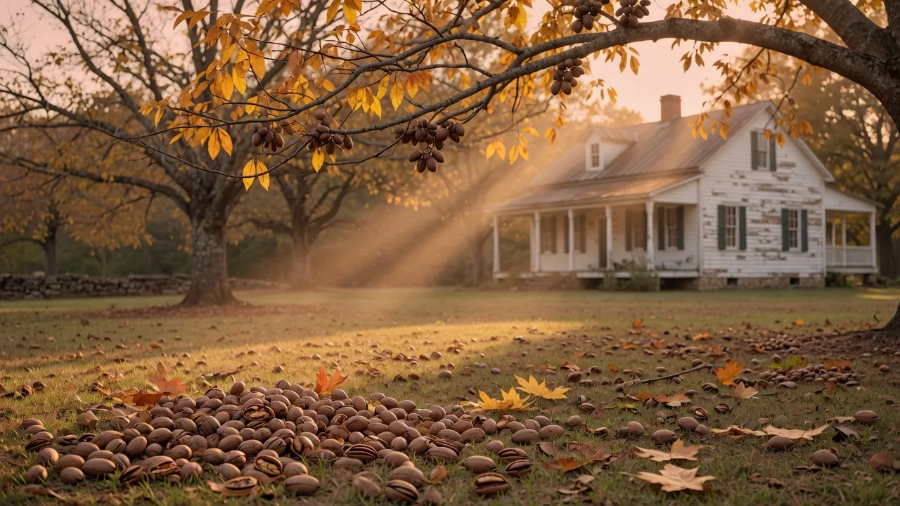 Mature pecan tree grove in autumn golden light with fallen pecans carpeting the grass and a white farmhouse in the background
