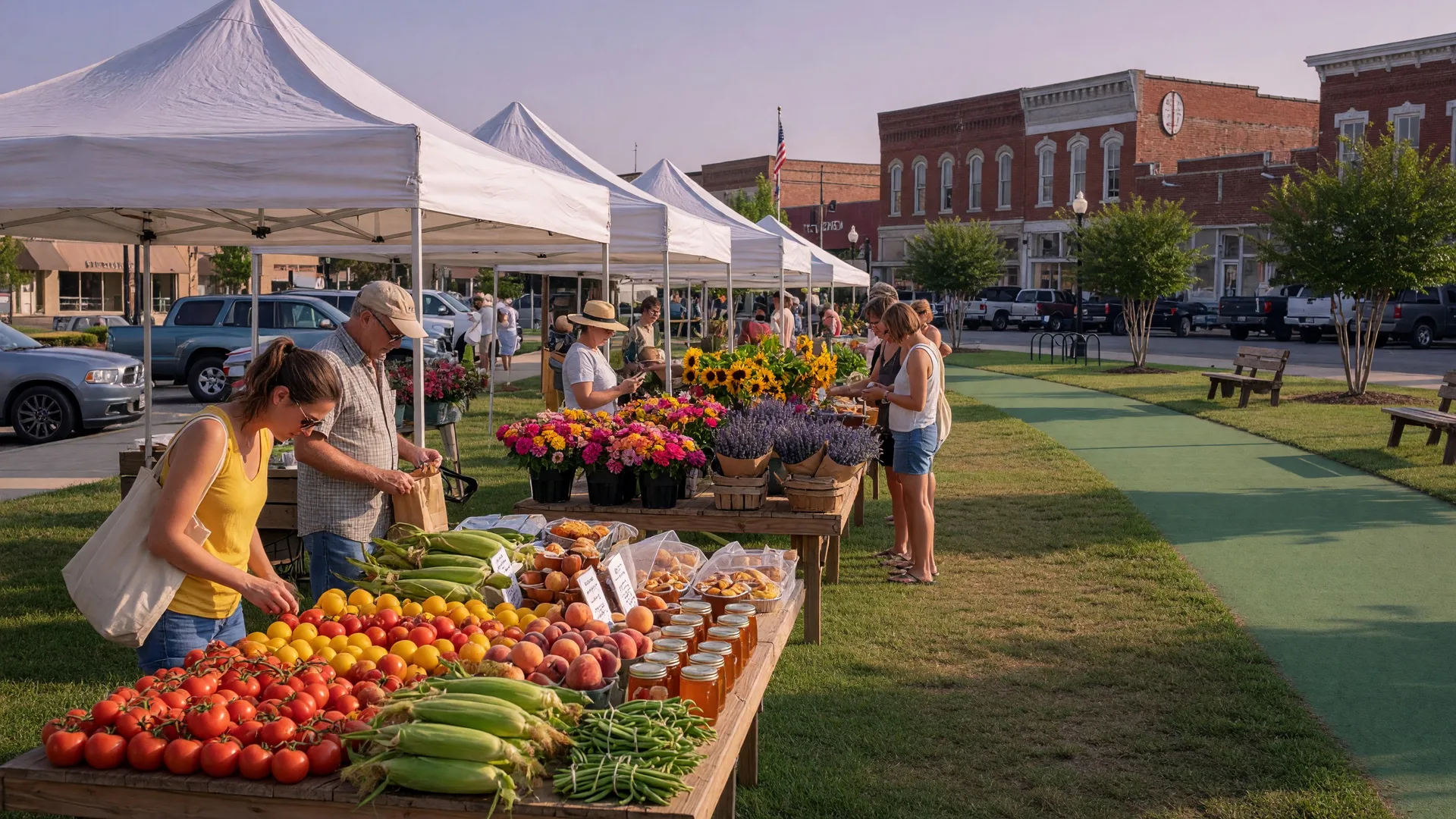 Saturday morning farmers market in a small Southern town with white tents, fresh produce, and historic brick buildings in the background