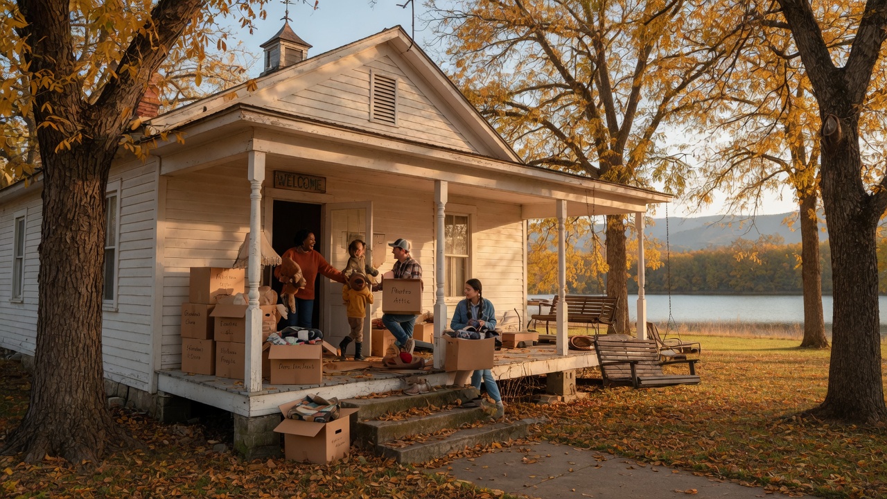 A family arriving at a historic lakeside farmhouse on a sunny autumn afternoon in the Georgia Appalachian foothills, with moving boxes near the porch and mature pecan trees