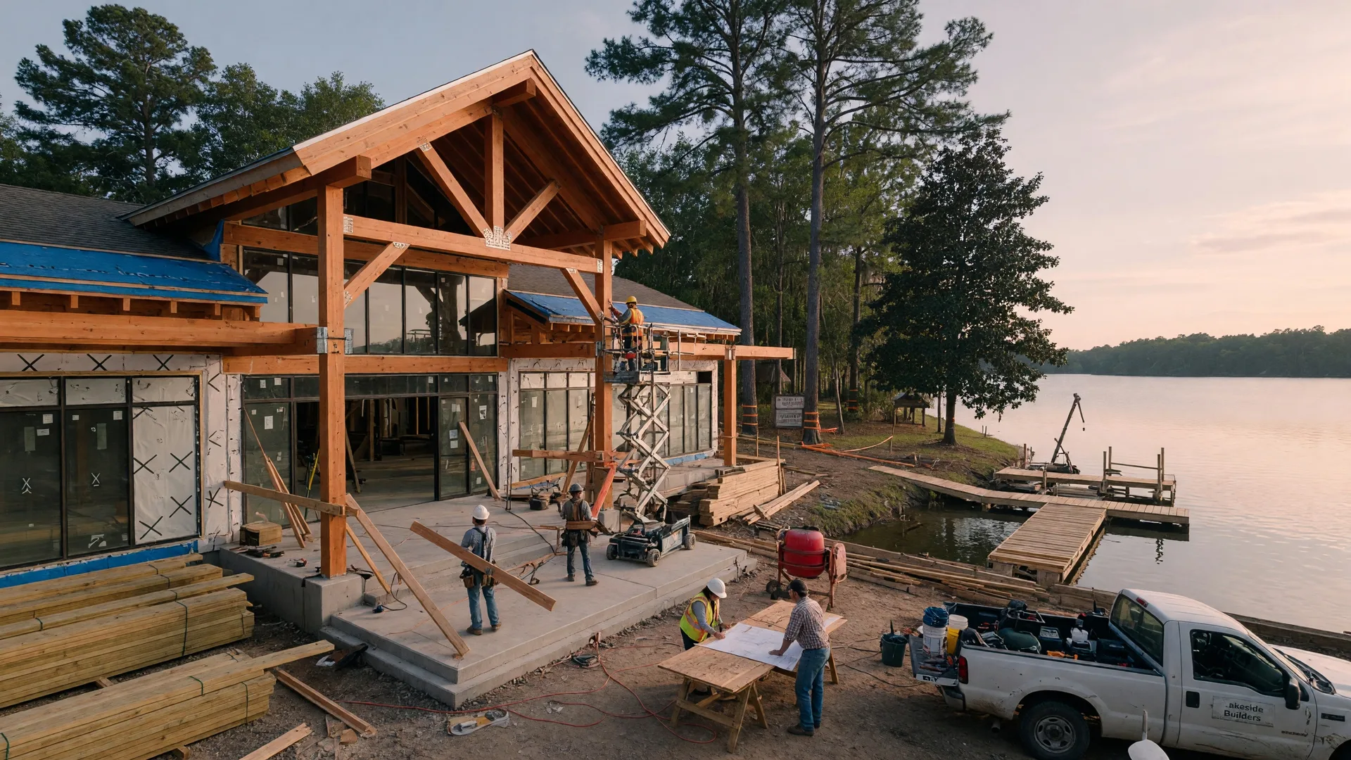 Modern timber-frame pavilion with large windows overlooking a calm lake, surrounded by mature trees, suggesting a new lakeside resort development