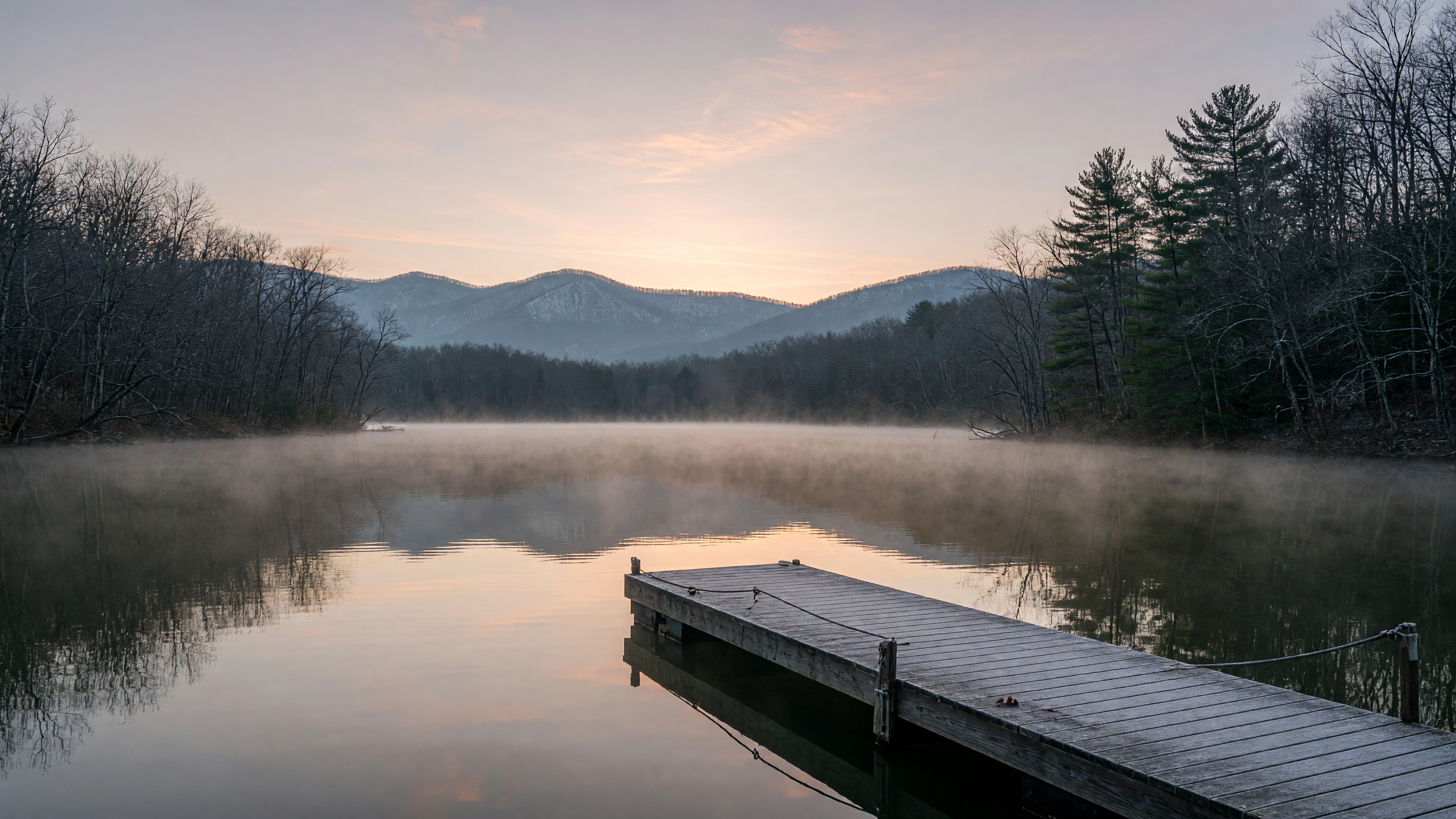 A calm winter morning on Lake Hartwell with mist hovering over the steel-blue water, bare hardwood trees along the shoreline, and the Appalachian foothills in the far background