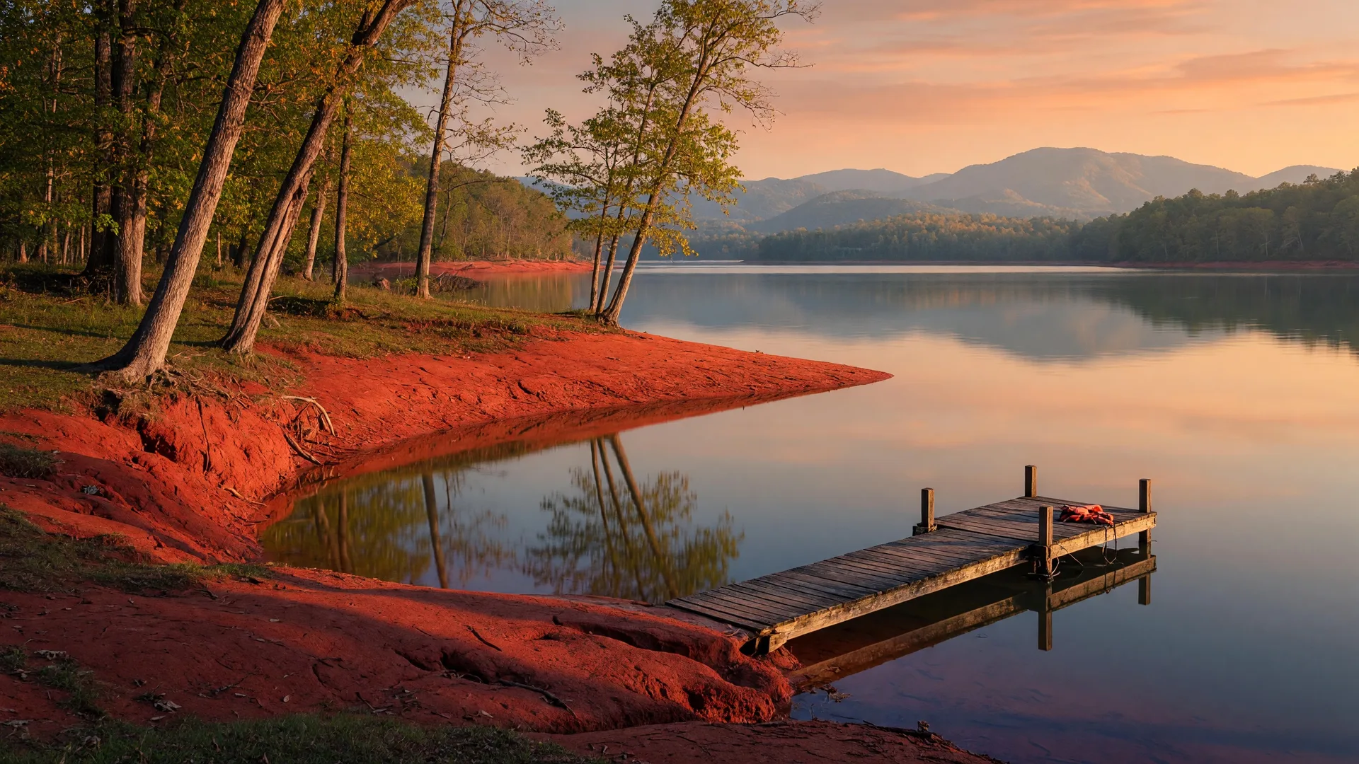 Fisherman holding a largemouth bass with the blurred background of a misty Georgia lake at dawn and wooded shoreline