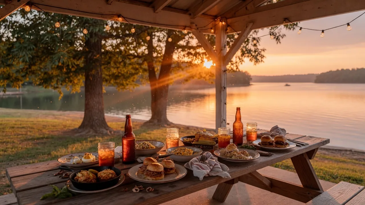 Outdoor lakeside pavilion dining table set with local Southern fare, craft beer bottles, and small plates at golden hour with Lake Hartwell in the background