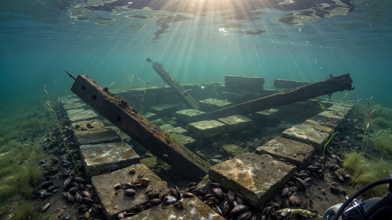 Remnants of submerged stone foundations visible beneath clear lake water, illuminated by shafts of sunlight — the remains of communities that existed before the reservoir