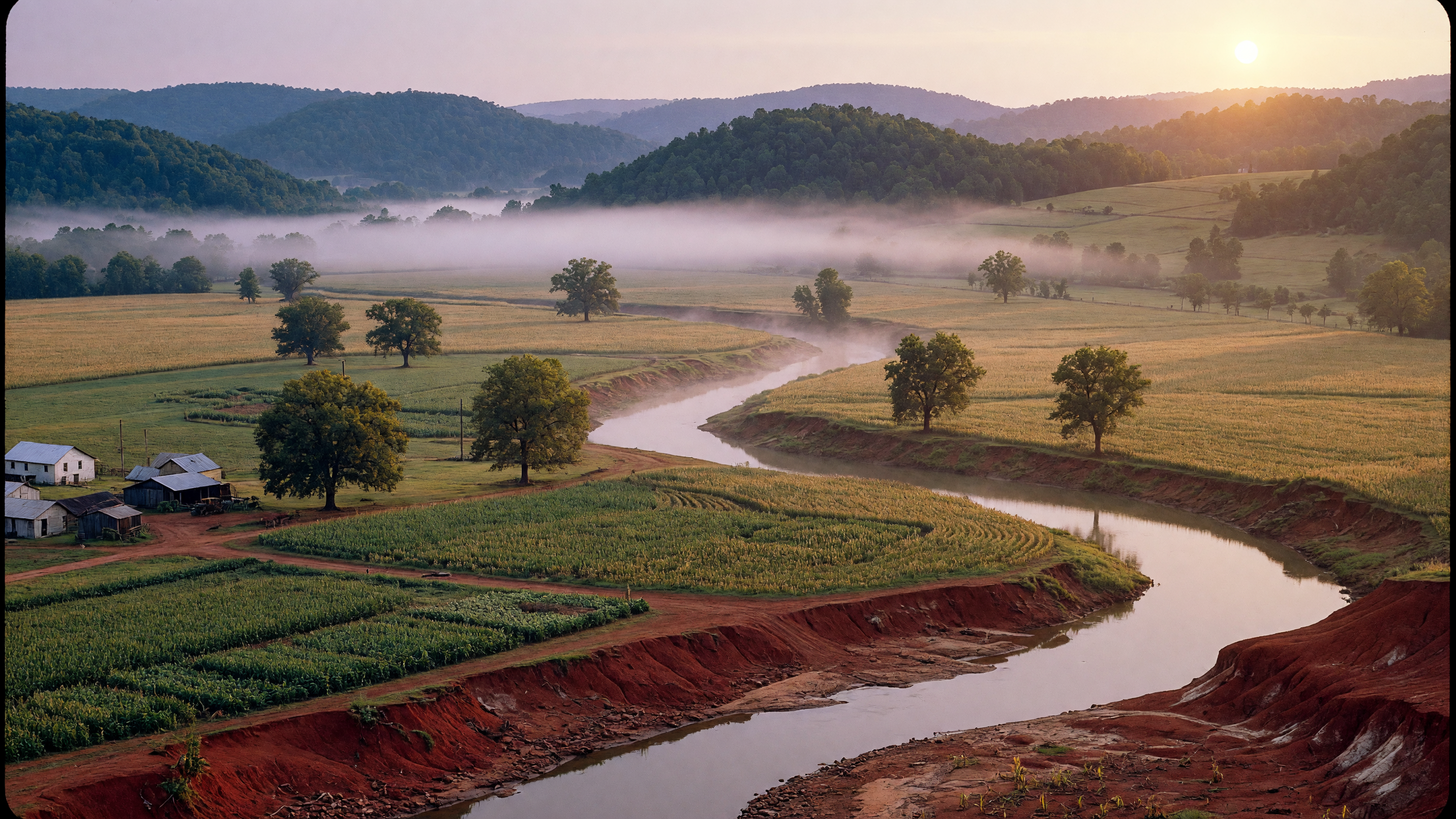 Morning mist rising over a gentle Georgia river valley with rich bottomland and pecan trees, evoking the Savannah River landscape before the Hartwell Dam