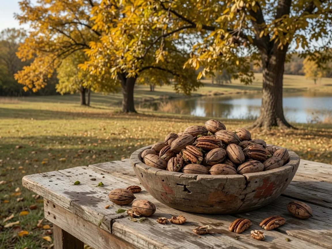 Freshly harvested pecans in a rustic wooden bowl on a weathered farmhouse table with a blurred lake view in the background
