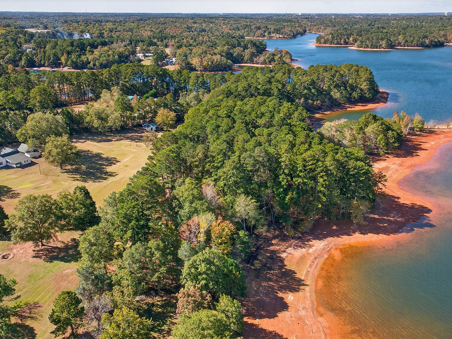 Aerial drone view of 257 Methodist Park Ln, a 4.546-acre lakefront estate on Lake Hartwell